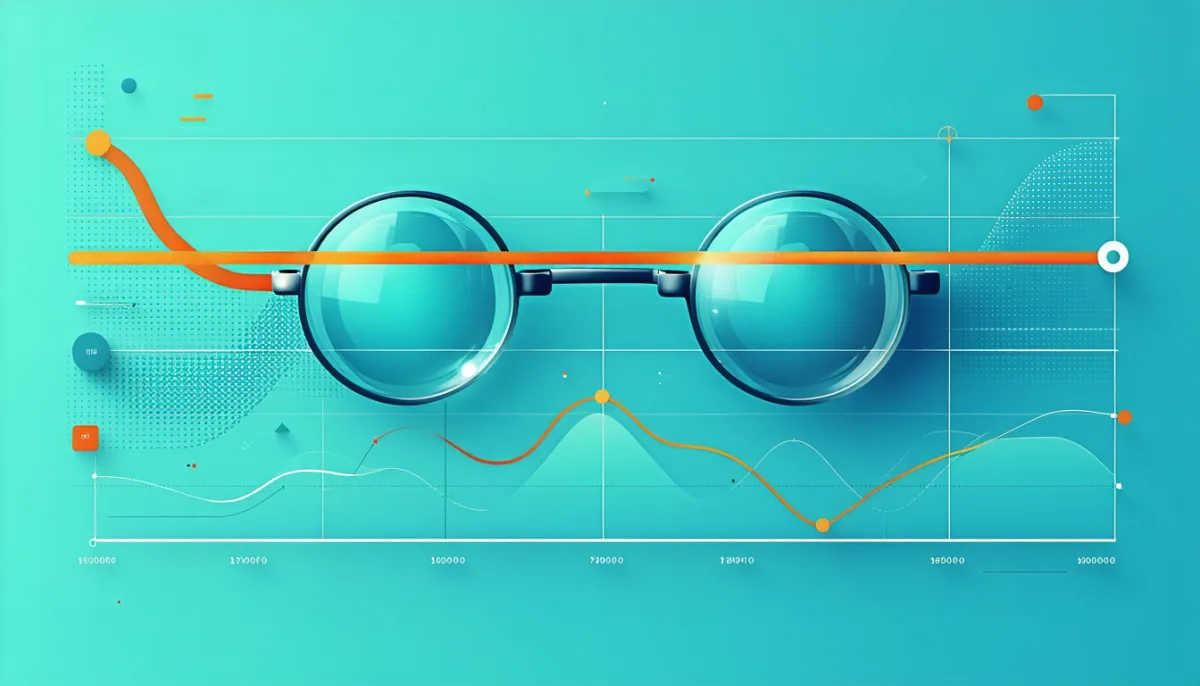 Two noisy curves crossing each other repeatedly over time with several magnifying glasses at different points on the timeline, chaotic early and stable later