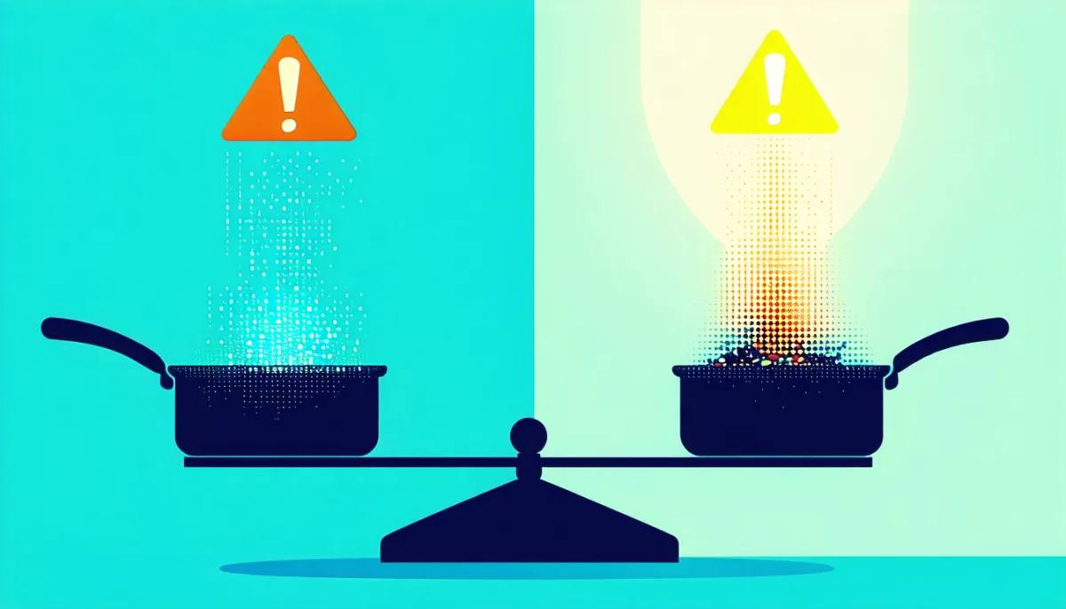 A balance scale whose two pans sit unevenly although equal numbers of dots should be flowing into them, with a softly glowing warning triangle above the lowered side
