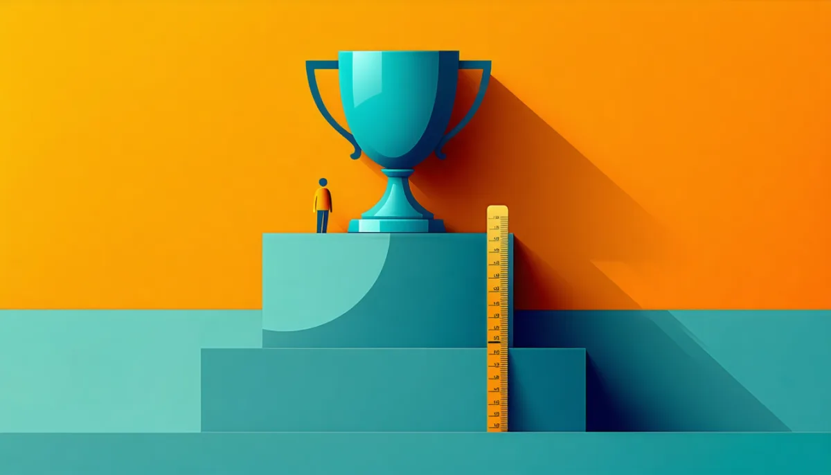 A winner's podium where a trophy casts a shadow far larger than the trophy itself, with a ruler beside it for comparison