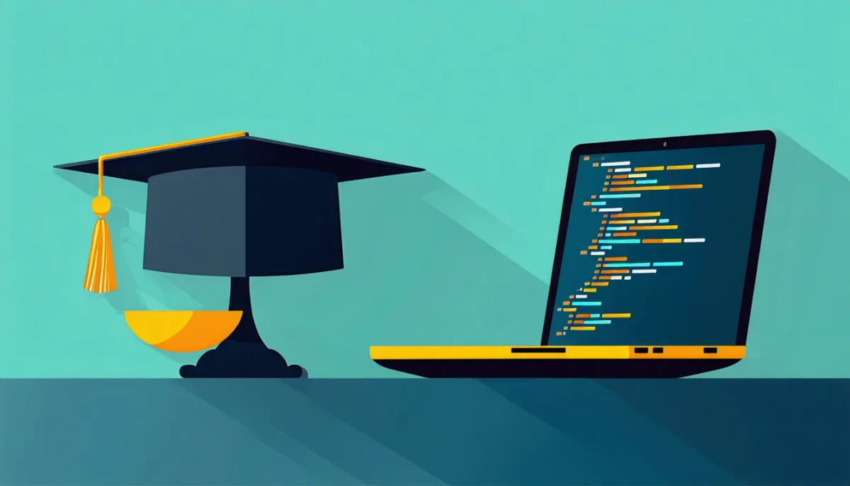 Balance scale weighing a graduation cap against a laptop showing code, illustrating degree versus portfolio
