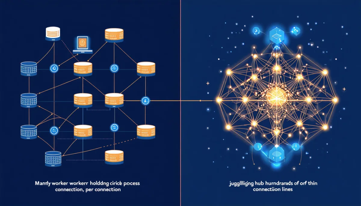 Architecture comparison: Apache dedicates a worker per connection, Nginx handles thousands of connections in one event loop