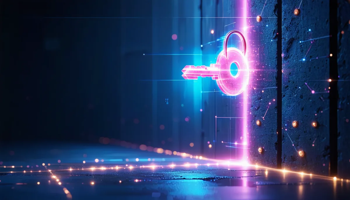 A glowing digital key hovers in front of a gate made of light