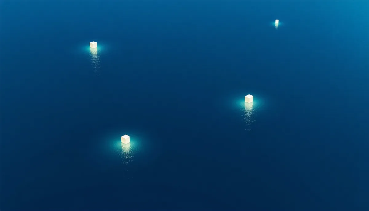 Many small glowing islands in a calm dark blue sea, seen from above