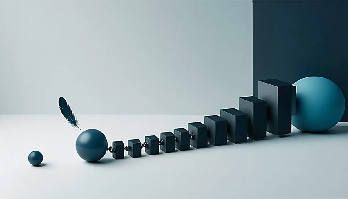 Two spheres of the same size: the left one light with a feather, the right one dragging a long chain of dark cubes behind it