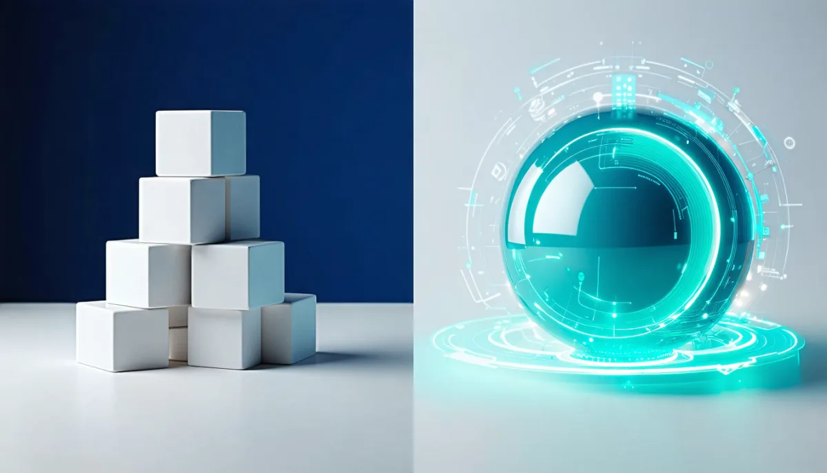 A glowing stack of cubes next to a teal sphere with orbiting rings that produces new cubes