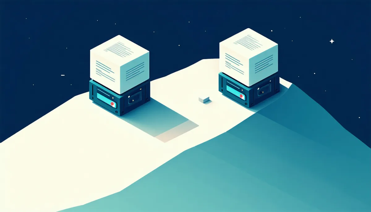 One original cube and two copies on different storage media, a third copy far away on a hill, isometric illustration