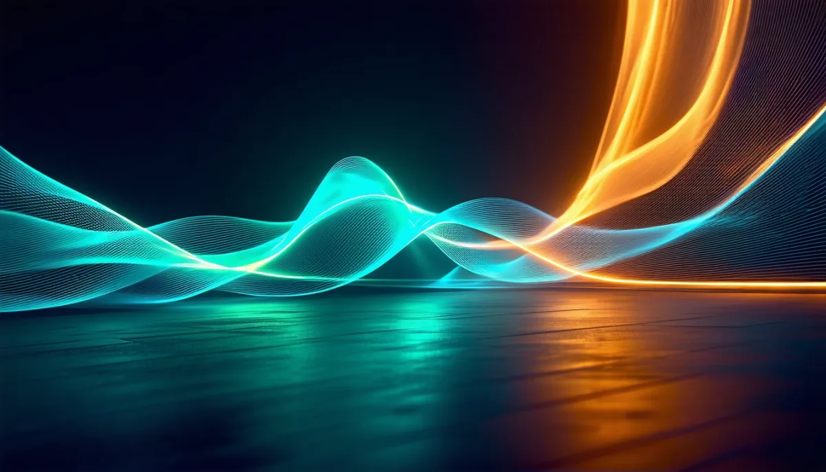 Two glowing streams of light in teal and orange racing side by side through a dark tunnel