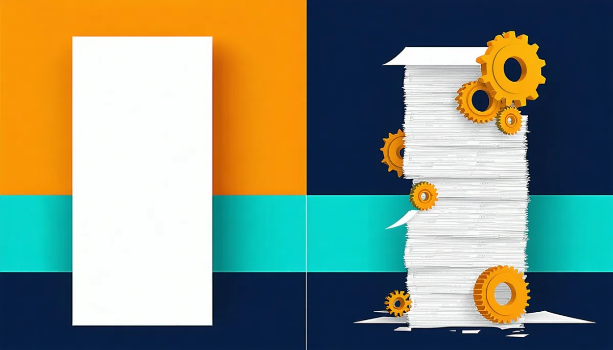 On the left a short, tidy stack of two sheets, on the right a tall stack with gears, symbolising longer configuration