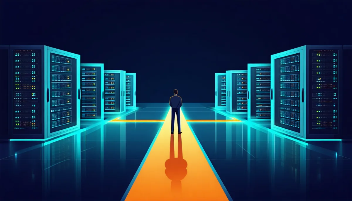 A person at a fork between two rows of glowing server racks, choosing a path
