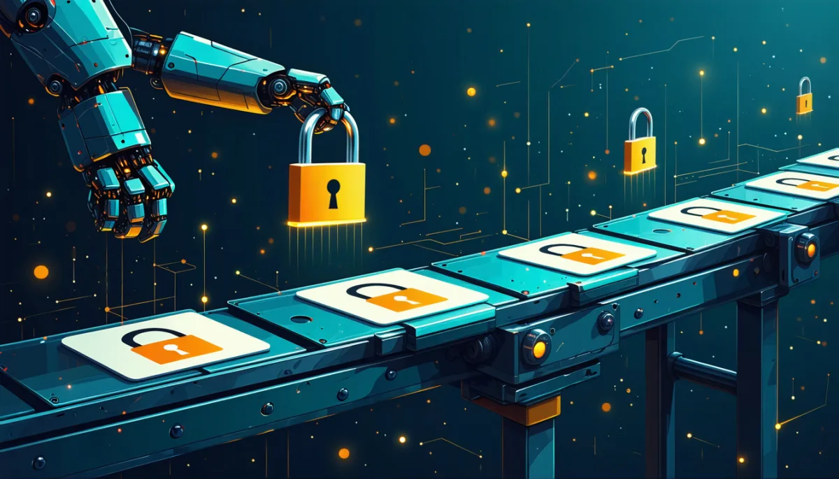 A robotic arm stamping padlock certificates onto many small website cards on a conveyor belt
