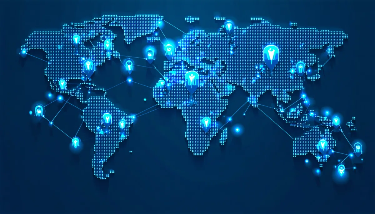 Glowing paths from people on a world map each lead to the nearest of several identical server nodes