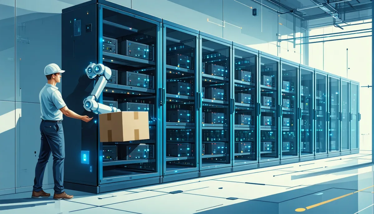 An edge server cabinet with full shelves hands a box directly to a person, while a robot arm fetches a missing box from a distant warehouse