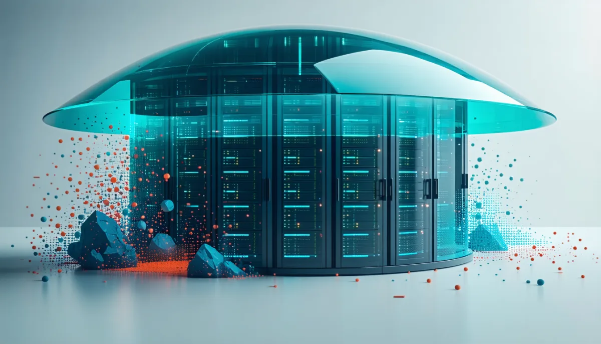 A translucent dome of edge servers absorbs a storm of small red particles while a small origin server behind it stays protected