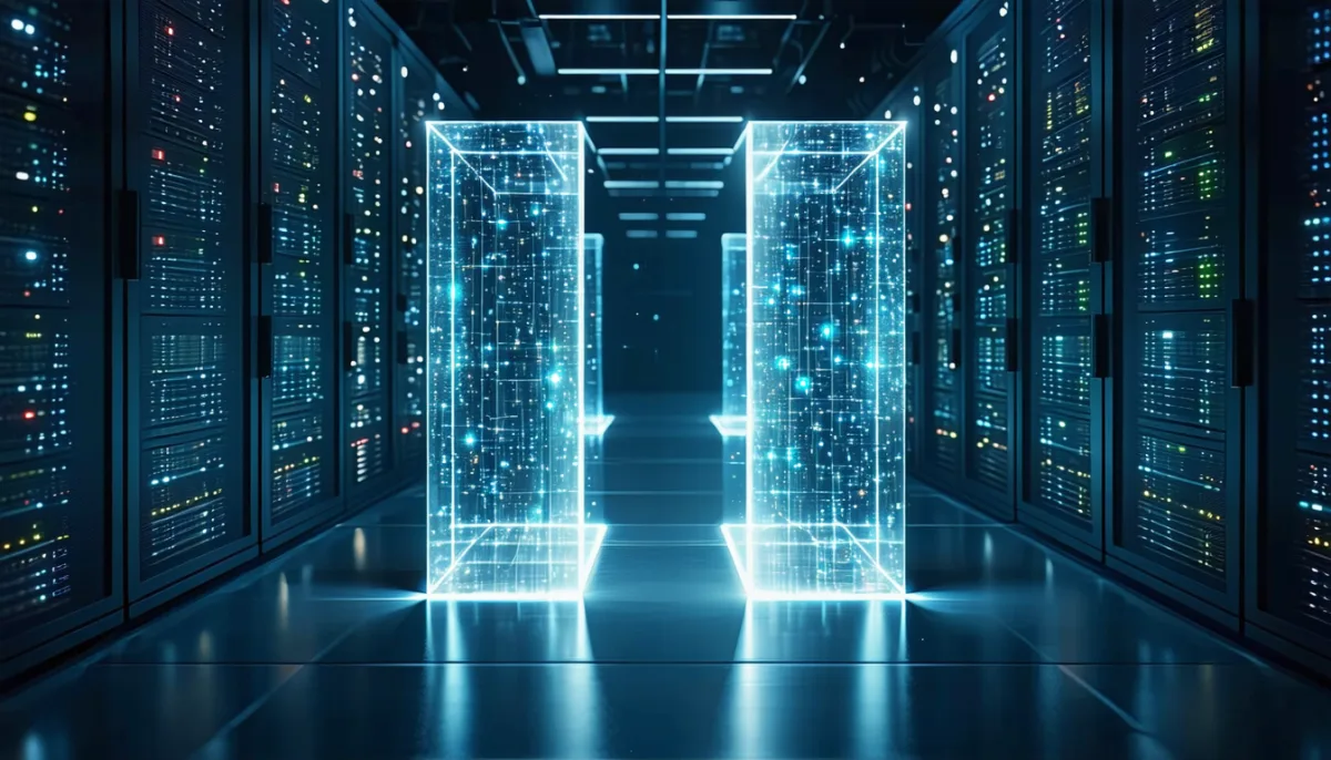 An orderly server room in which clear streams of light flow through open gateways