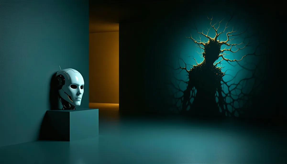 A smooth robot mask on a pedestal casting a completely different, tangled silhouette on the wall behind it
