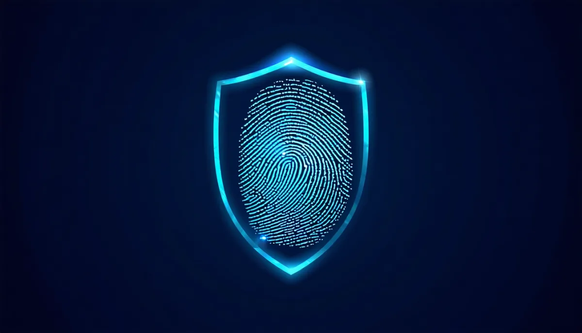 A glowing fingerprint made of fine lines in front of a translucent shield outline on a dark background