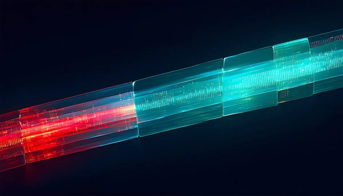 Abstract visualisation of a stream of log data being split by a lens into two separate coloured streams