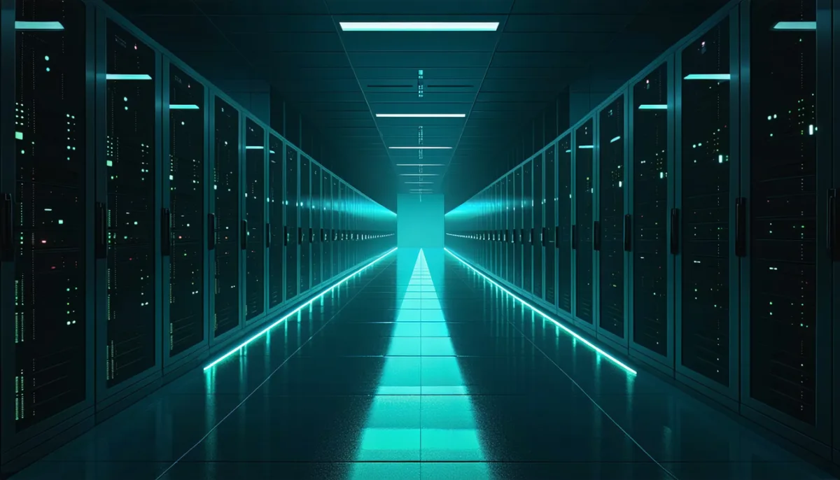 A glowing gate in a dark server corridor, with several beams of light stopping in front of it while two pass through