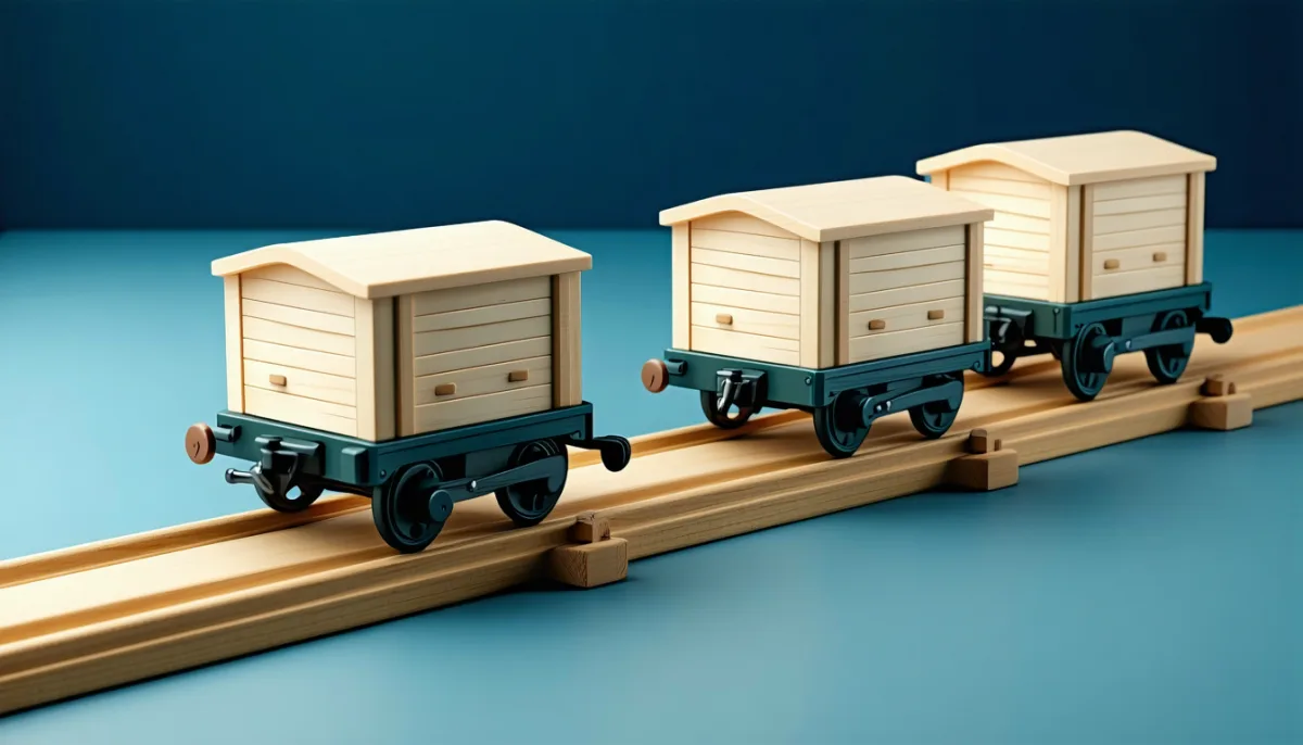 Three plain toy wagons rolling onto the same short track and bumping into each other, next to a second track with a closed gate and a padlock that lets only one wagon through