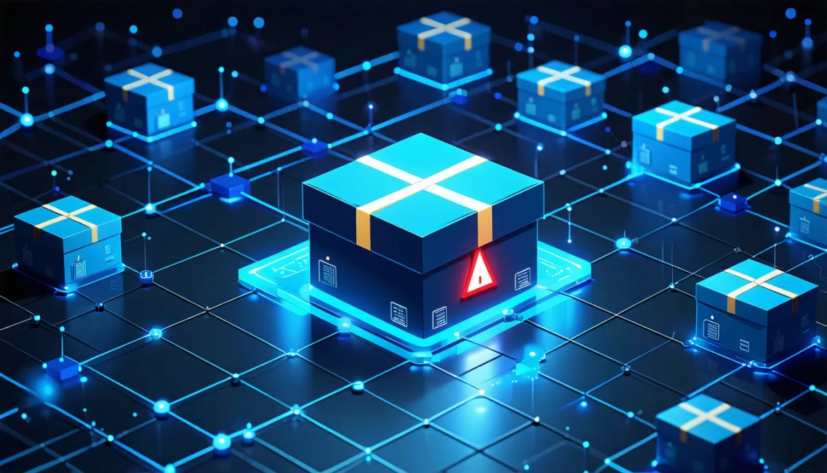 Supply chain security illustration: one package flagged in red among many unremarkable ones — the risk of unreviewed AUR build recipes