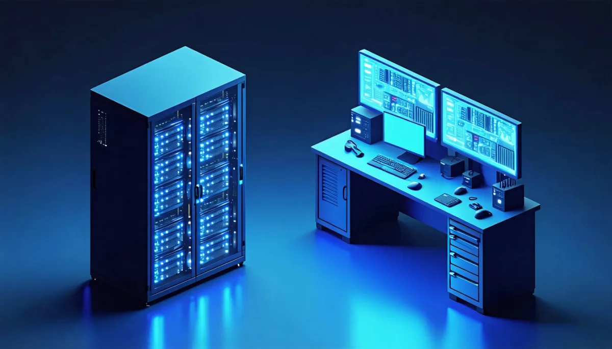 Operations effort contrasted: a quietly running server rack versus a workbench with open maintenance tools