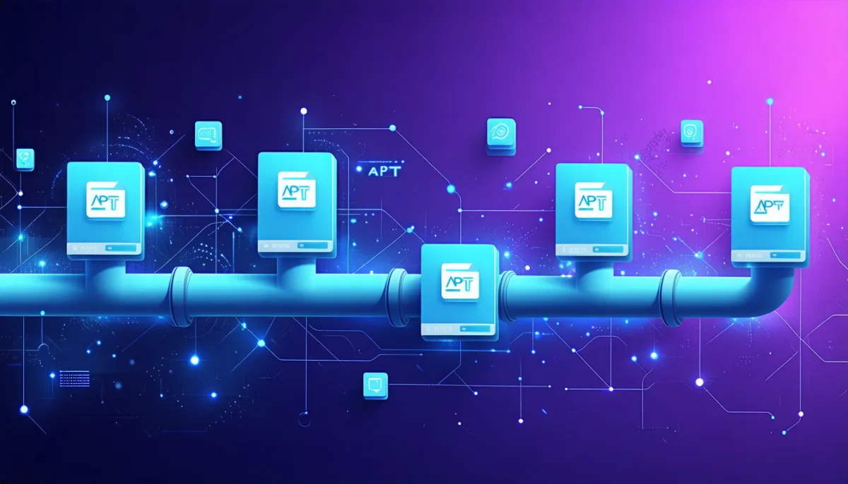 Package management concept art: software packages flowing through an APT pipeline, symbolizing Debian and Ubuntu package management