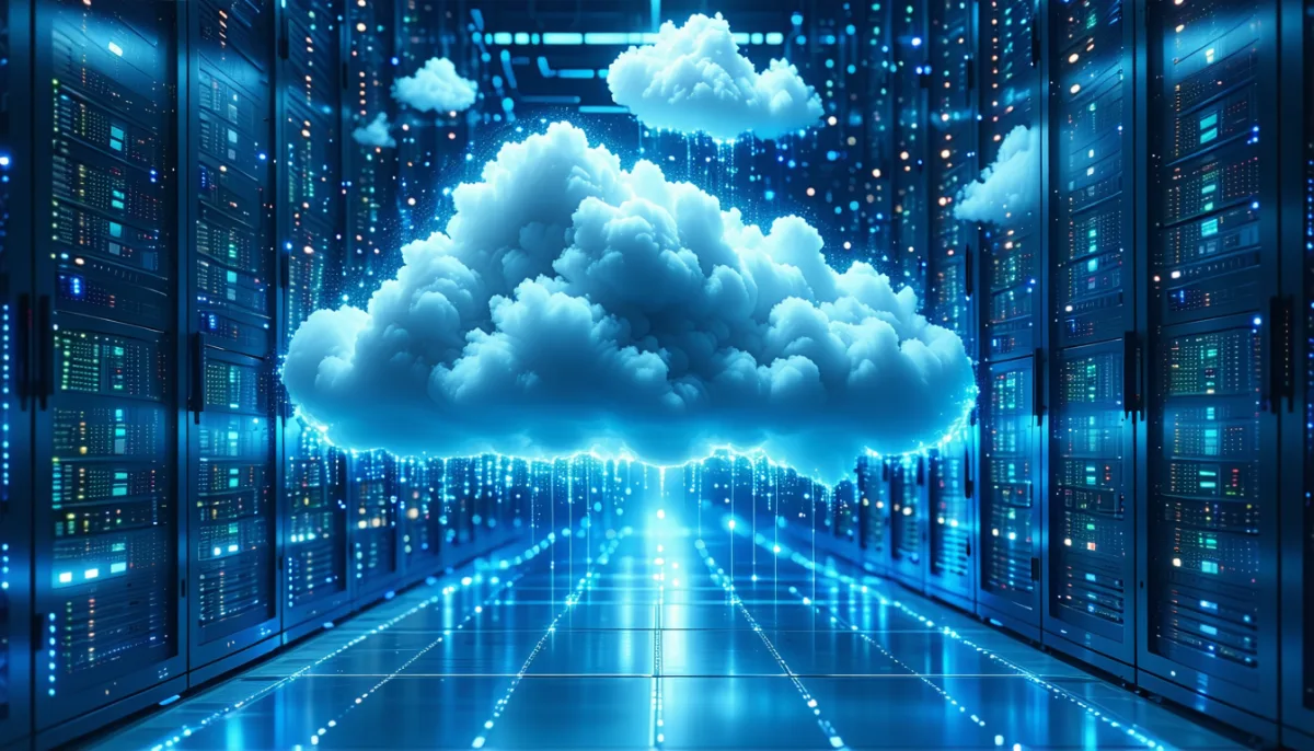Cloud infrastructure visualization: virtual servers in a modern data center environment, symbolizing cloud deployments with Debian and Ubuntu