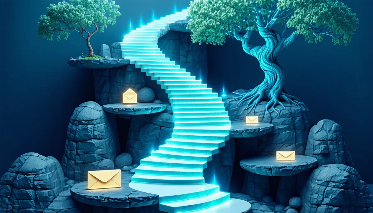 Floating platforms where a glowing envelope hops from a large tree down smaller branches to a house