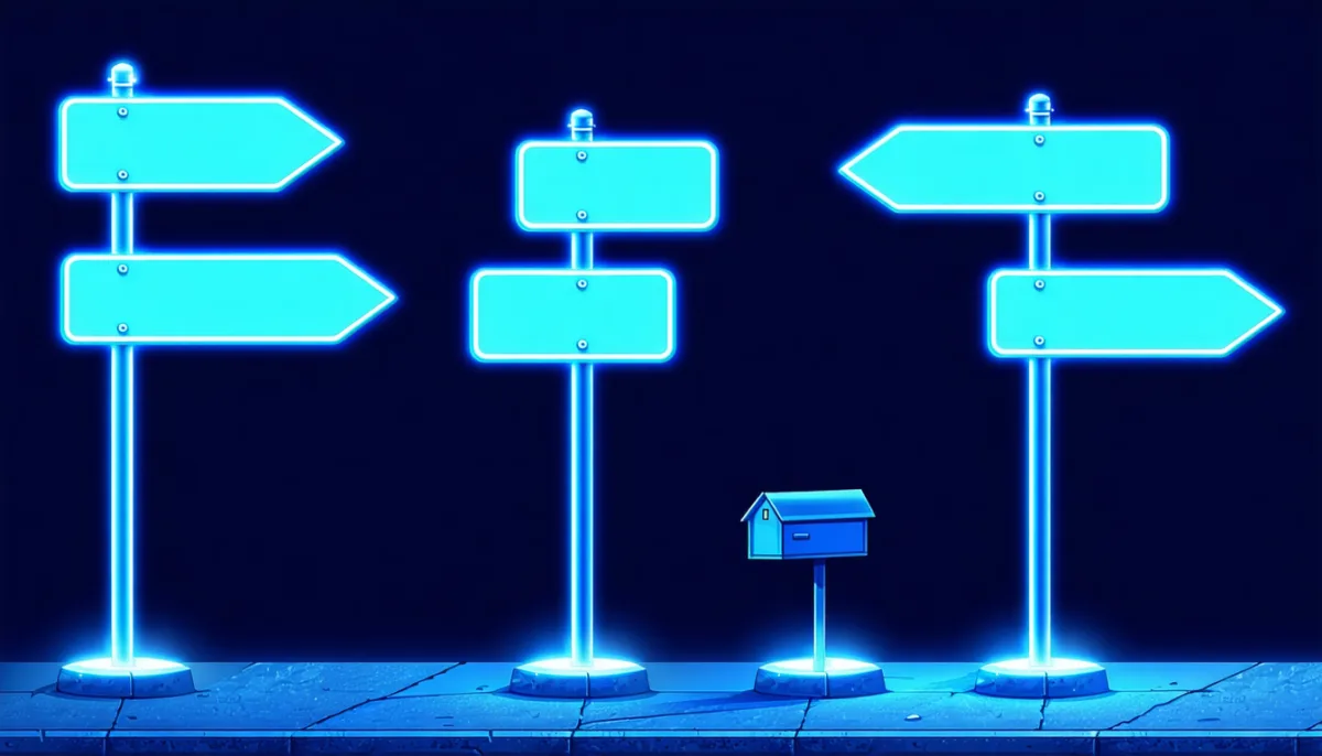 Glowing signposts of different shapes on a street corner pointing to a house, a mailbox and other destinations