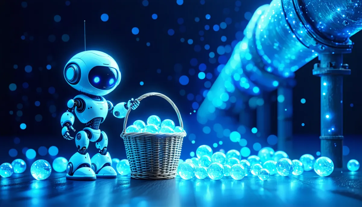 A small robot next to a basket of glowing marbles, with a pipeline where points of light are answered instantly