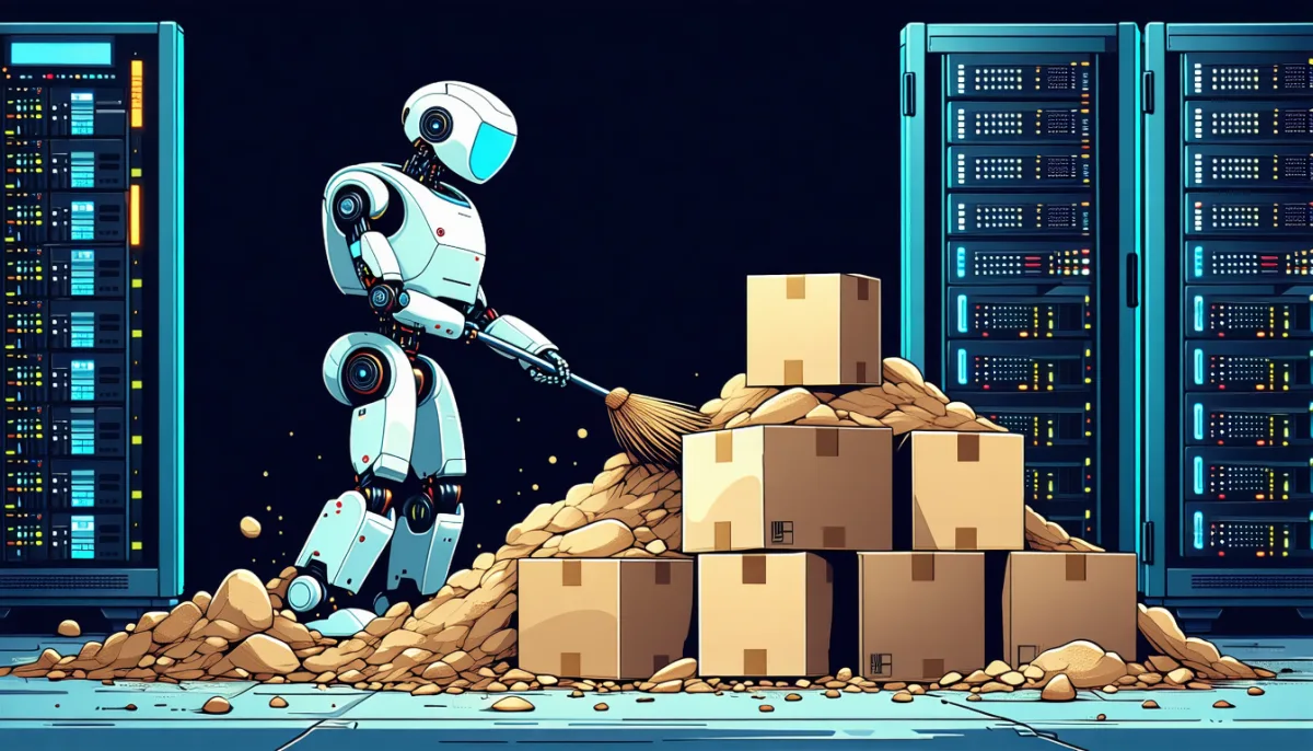 A robot sweeping up a large pile of old dusty boxes next to a small, tidy stack of new boxes in a server room
