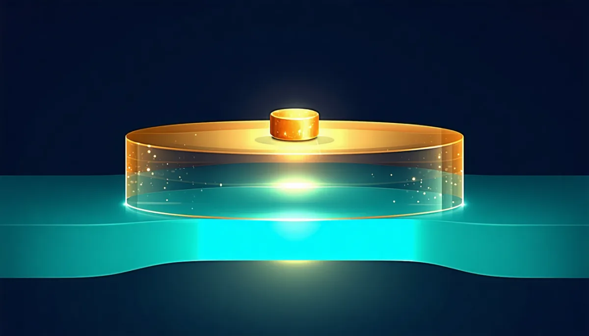 A glowing futuristic platform of translucent golden and teal layers against a dark blue background