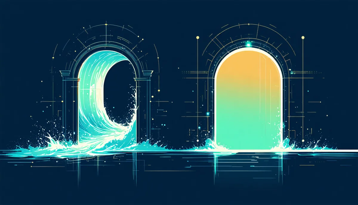 Two luminous arched portals against a dark blue background, the left framing crashing waves, the right radiating a calm warm gradient