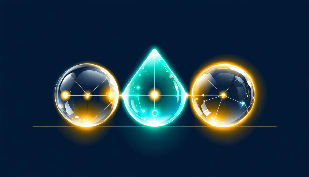 Three glowing glass-like geometric elements in a row, a teal element flanked by two warm yellow spheres containing network nodes