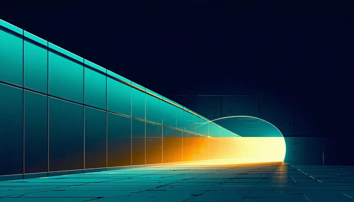 A futuristic corridor of teal glass panels receding towards a brightly glowing tunnel