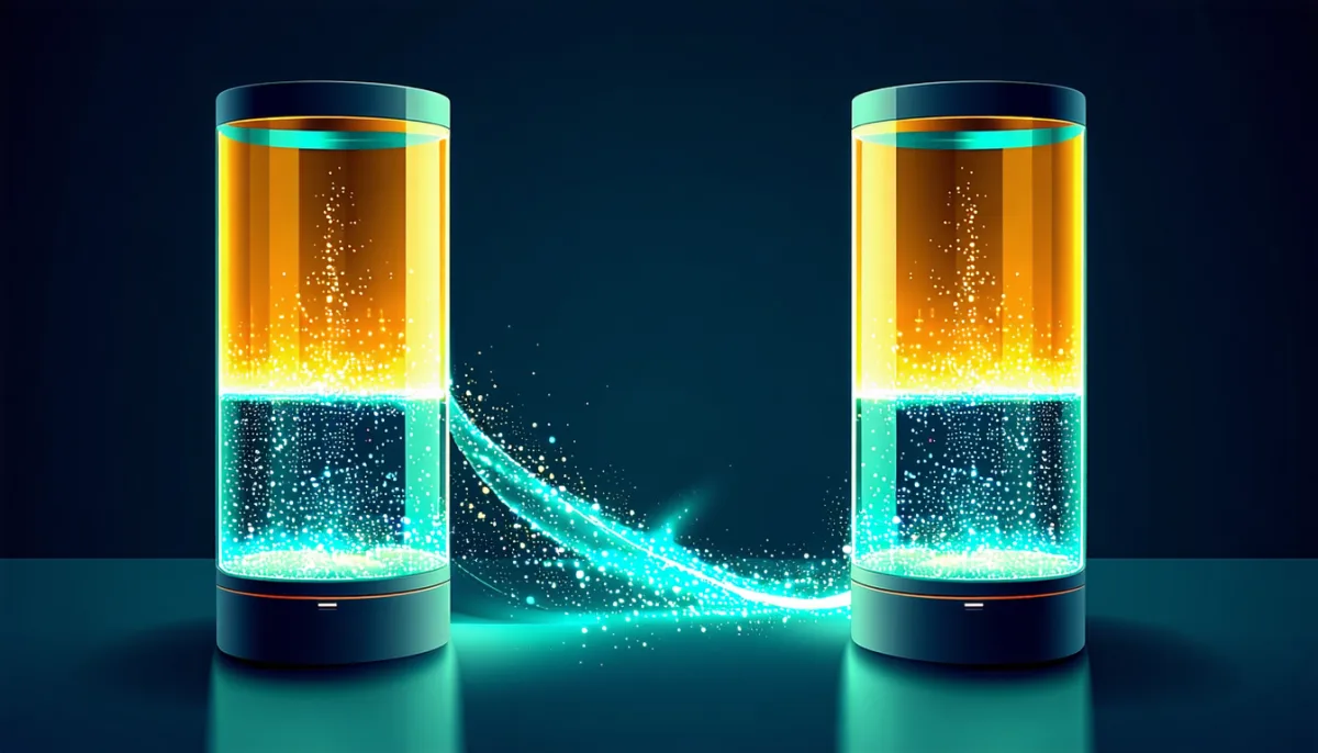 Two futuristic cylindrical vessels filled with glowing particles, connected by a radiant stream of light transferring between them