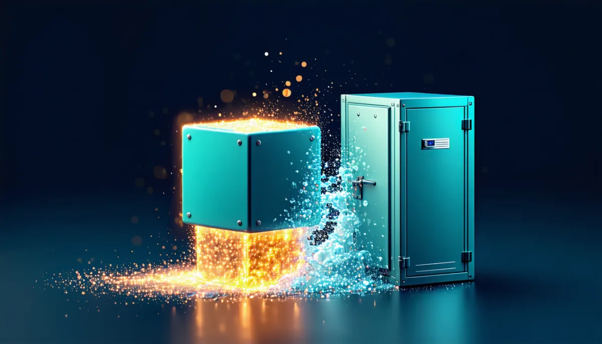 A glowing cube dissolving into particles while a sturdy storage cabinet beside it stays intact, illustrating temporary containers and persistent volumes