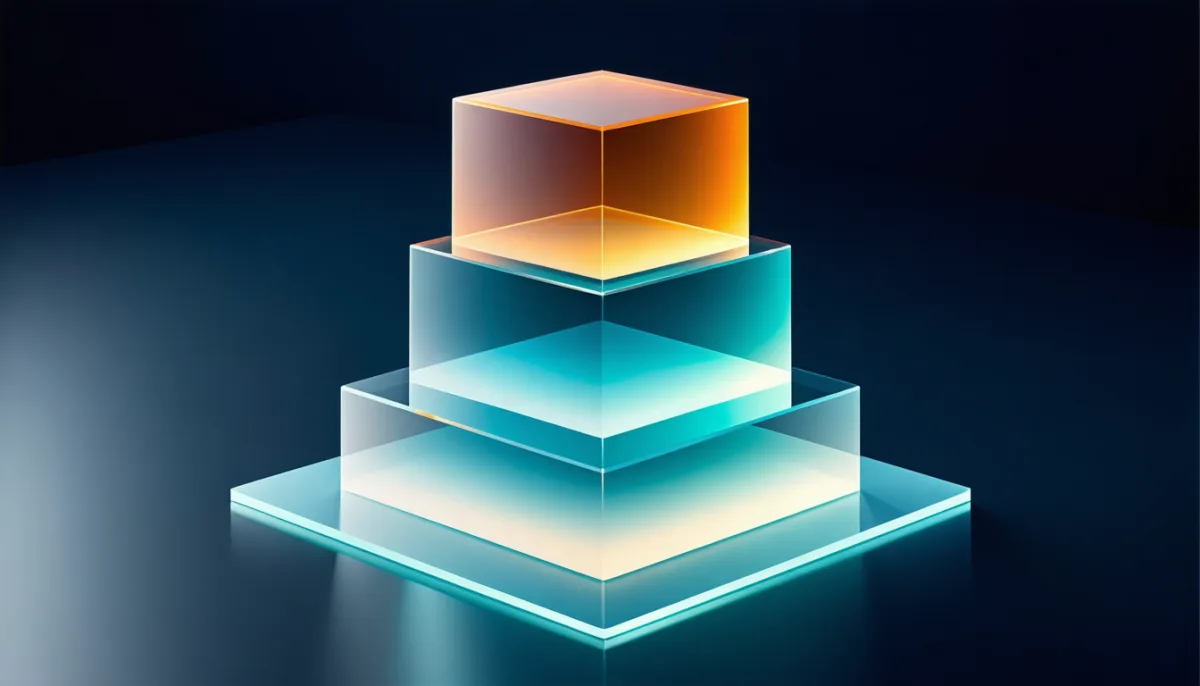 Stacked translucent glass layers in gradients from orange to teal, illustrating the layers of a Docker image