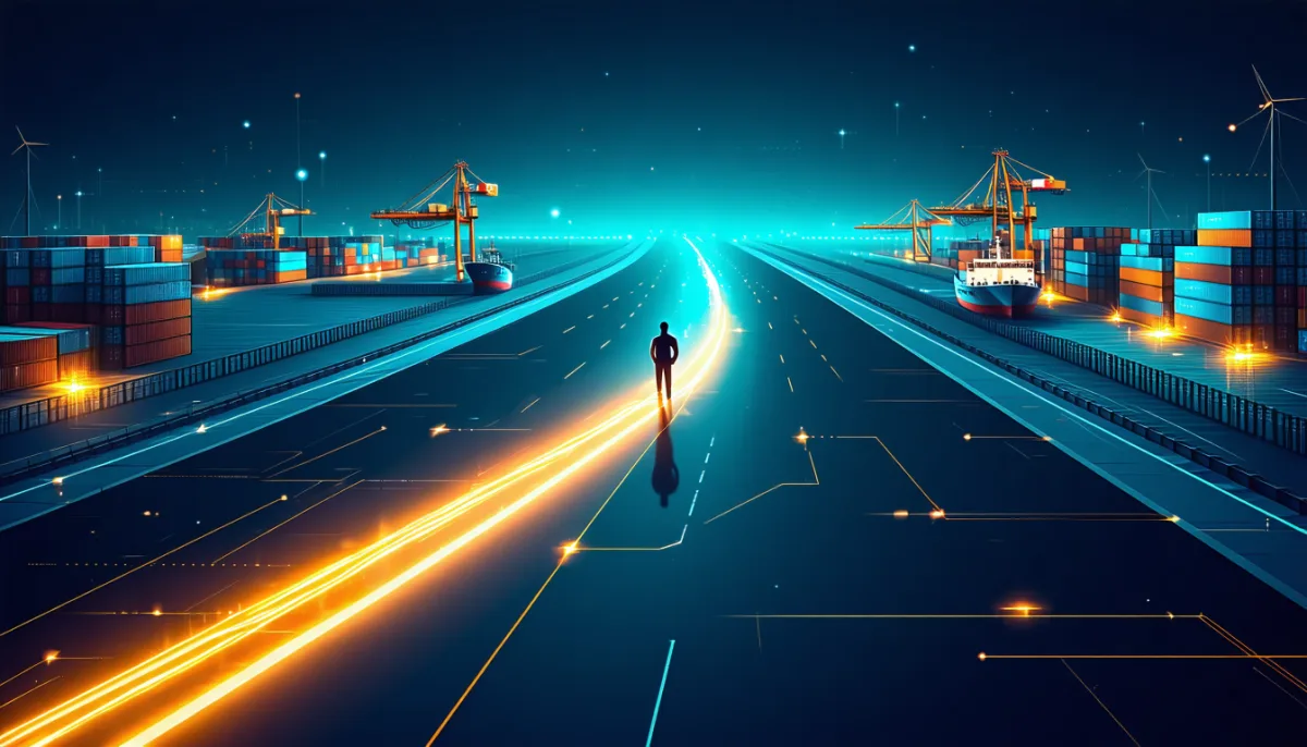 A fork in a glowing road leading to two different harbours with stacks of containers