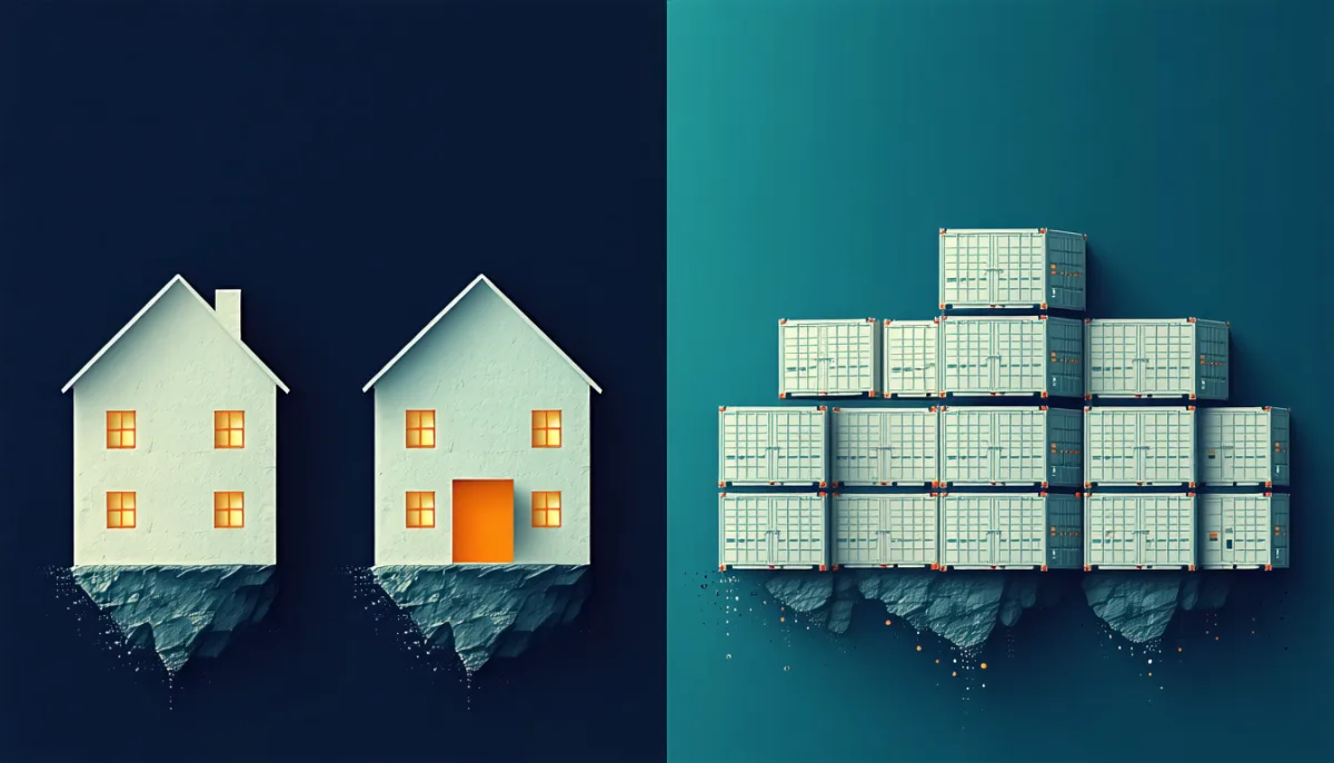 On the left, three heavy separate houses each on its own foundation; on the right, one building made of many light modules sharing one foundation, illustrating virtual machines versus containers