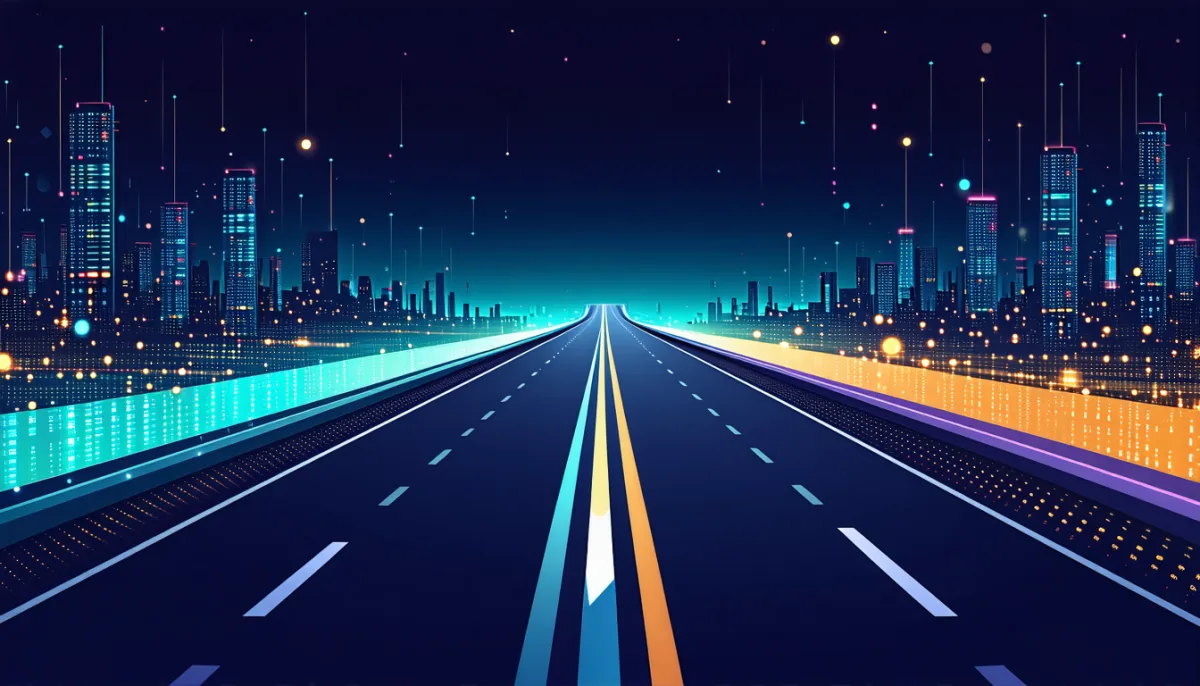 Three diverging paths leading toward a glowing digital city, illustrating degree, apprenticeship and self-taught routes