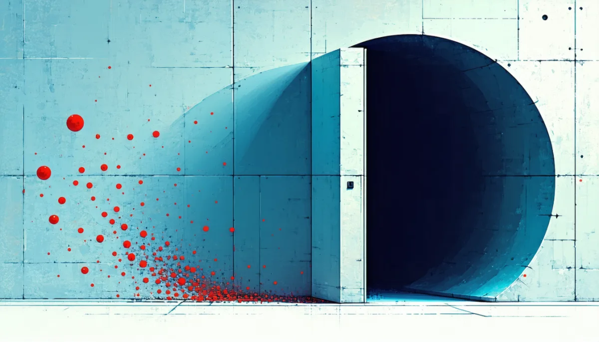 A revolving door in a wall through which the same red particles leave and immediately come back