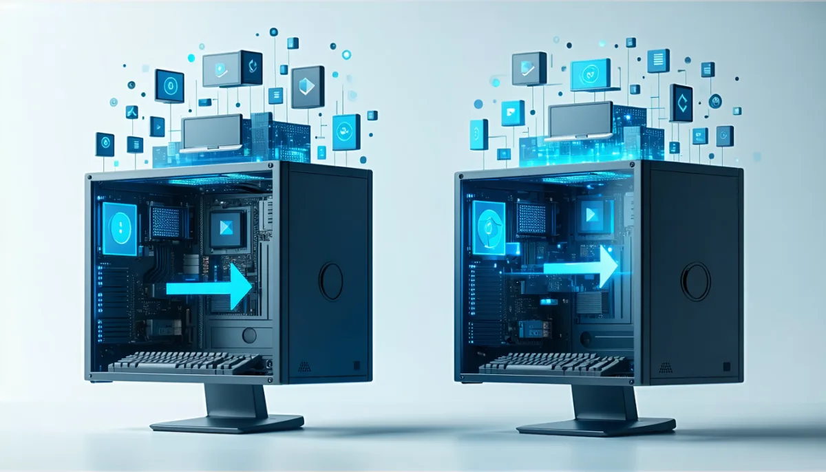 Two computers side by side: on the left an open, mutable build, on the right a sealed system block with a ready replacement block and a rollback arrow
