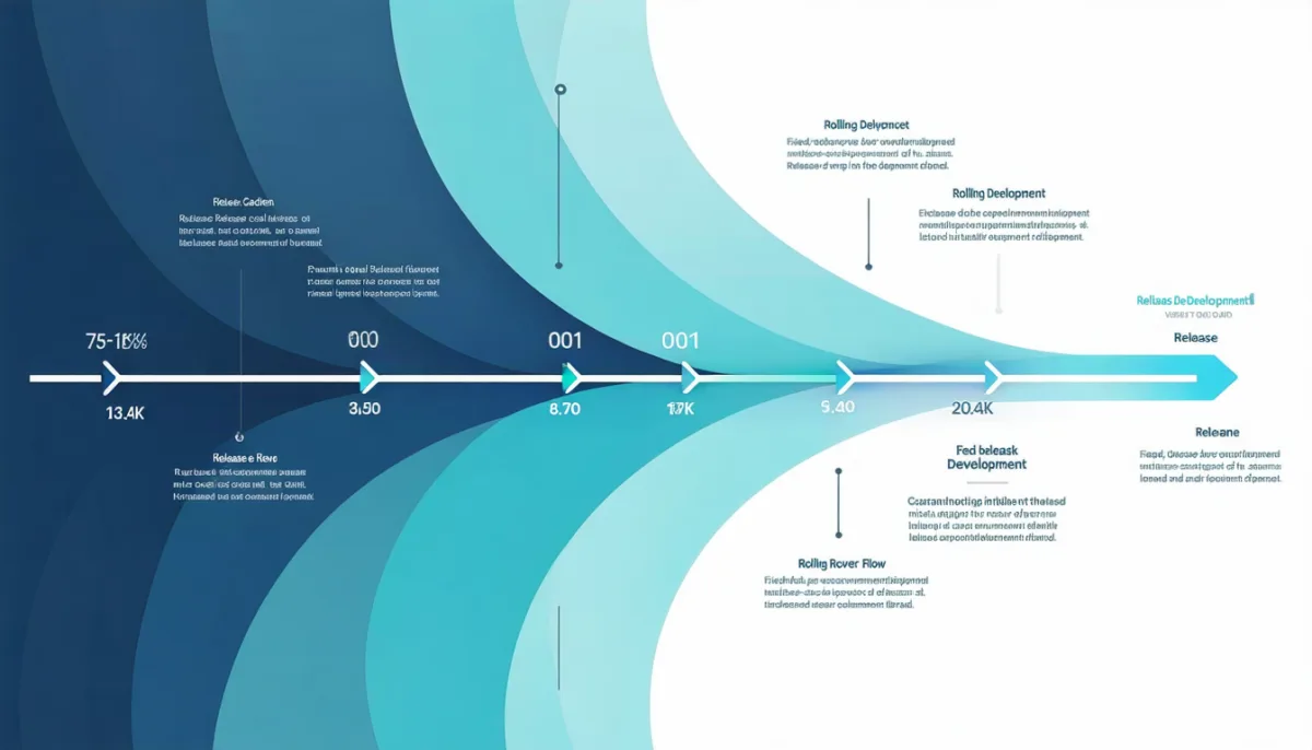 Timeline with evenly spaced release markers, above it a continuous rolling development stream with arrows flowing back down into each marker
