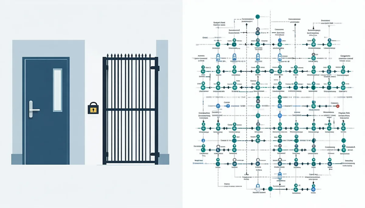 Two security models side by side: on the left a simple door with one lock, on the right a dense matrix of individually labelled cells each with its own gate