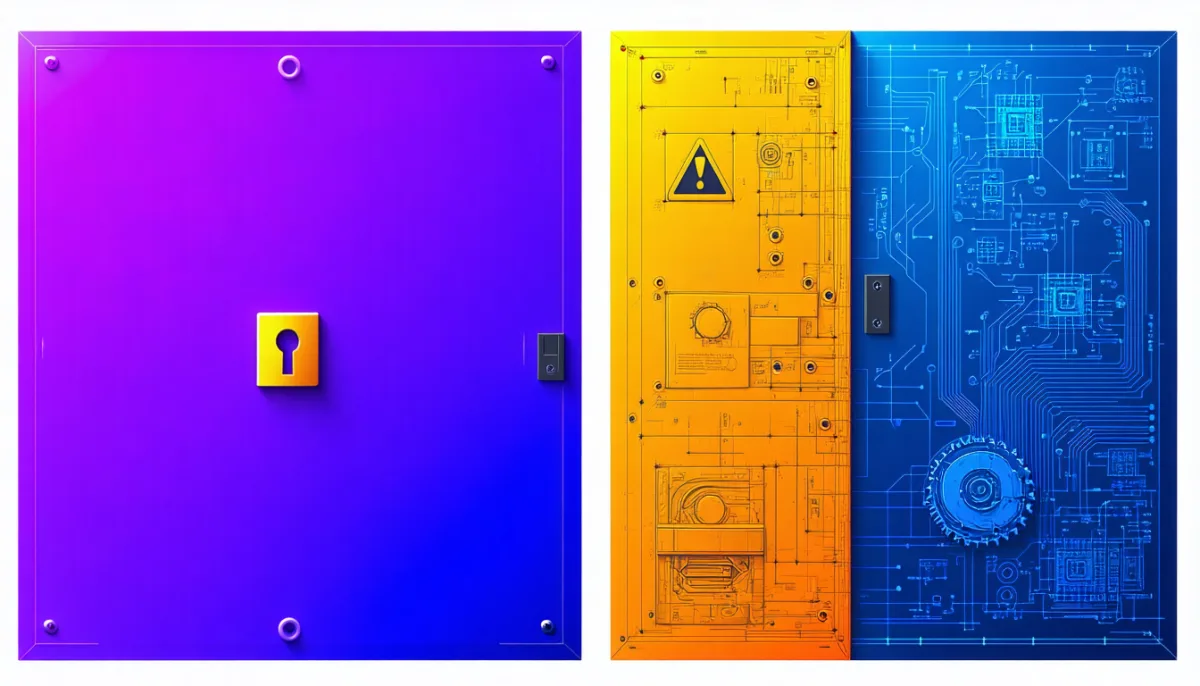 Two panels: a closed colour surface on the left, an open blueprint with a warning symbol on the right