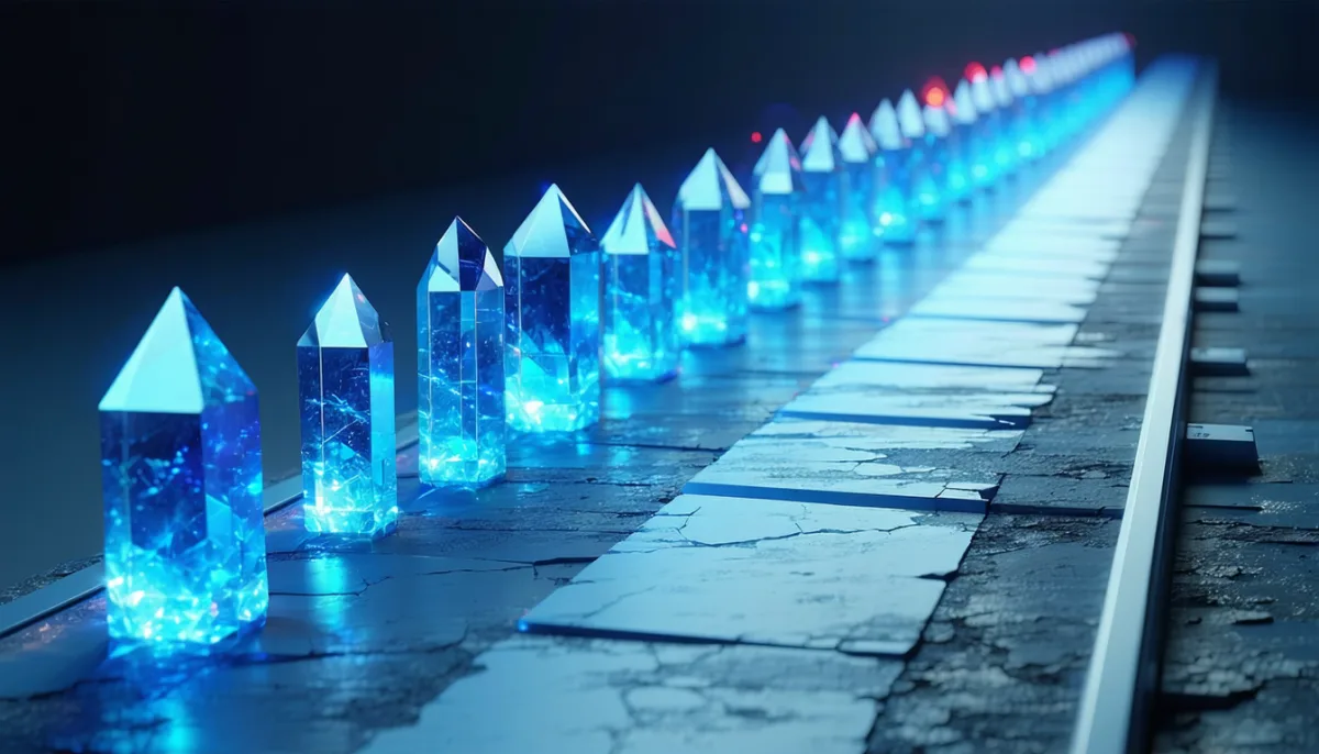 A long row of glowing crystals repeatedly split in half by beams of light until a single red crystal remains, illustrating binary bug search with git bisect