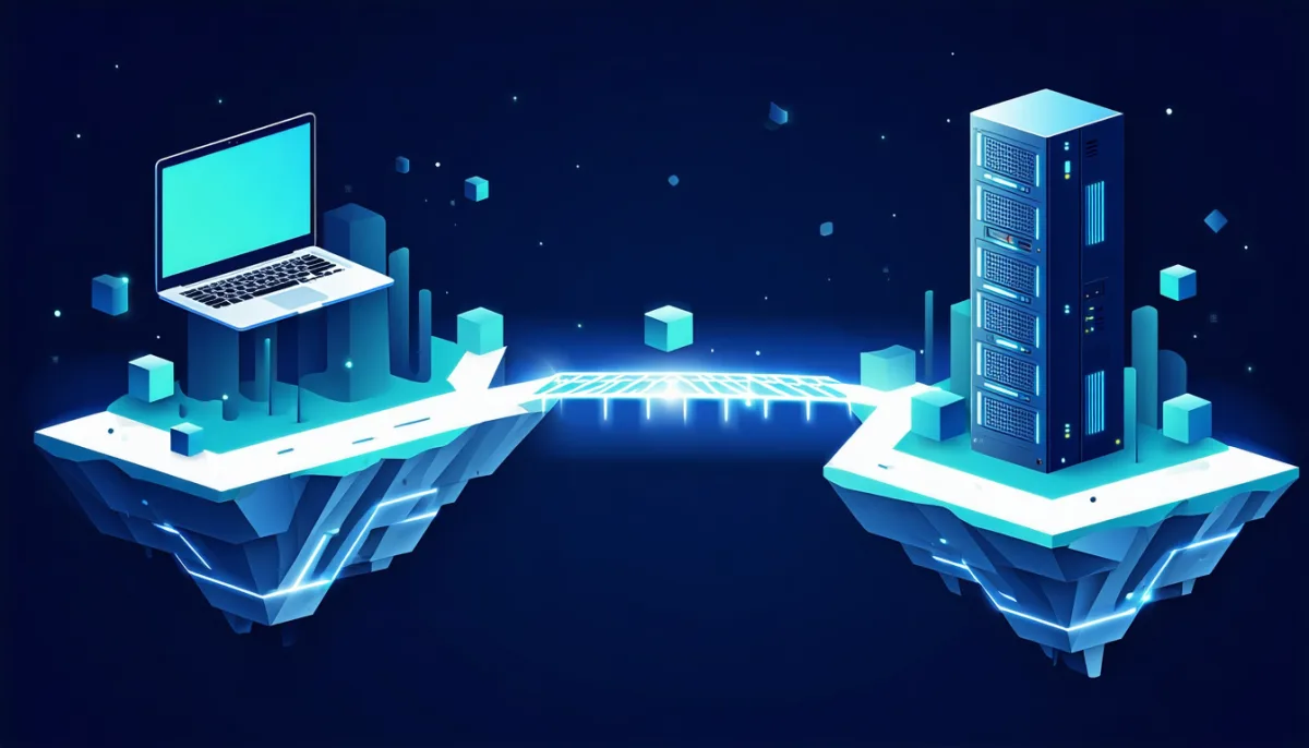 Two floating islands with a laptop and a server, connected by a glowing bridge with cubes travelling both ways, illustrating the Git commands push, pull and fetch