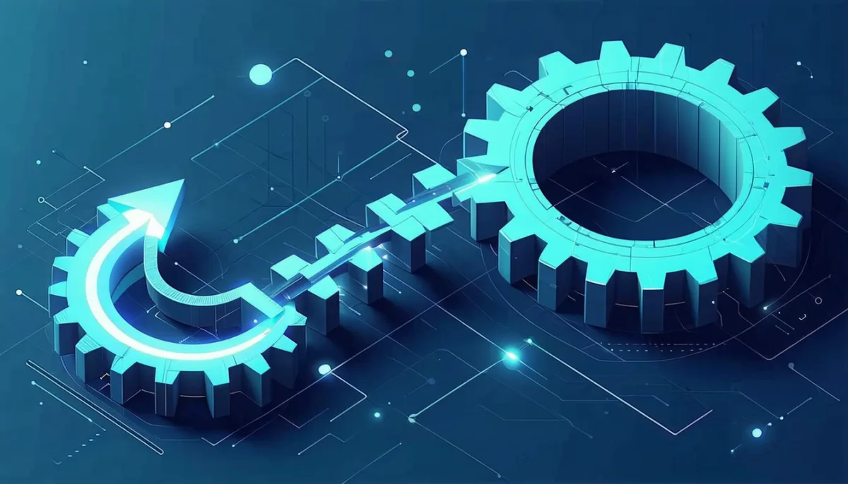 A mechanism of interlocking gears and a curved track of light leading back to an earlier glowing block, illustrating Git undo commands such as reset, revert and restore