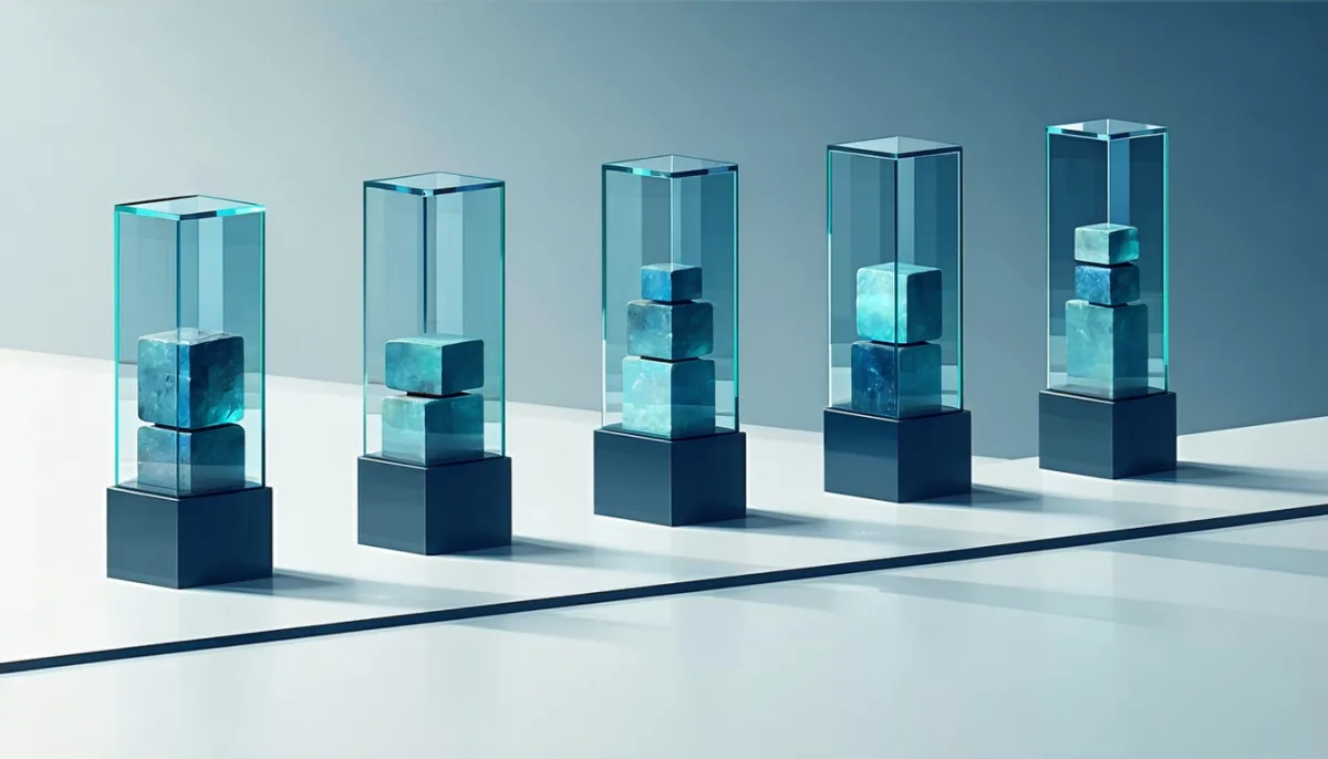 A row of glass display cases on a timeline, each holding a slightly different arrangement of the same blocks, illustrating Git commits as snapshots